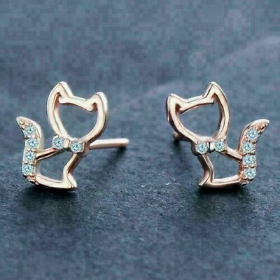#ad 14K Rose Gold Plated Little Cat 0.9Ct Round Cut Lab Created Diamond Stud Earring $88.54