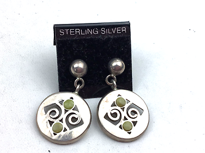 #ad Vintage Sterling Earrings 925 Silver Cut Out GREEN eNAMEL Round Top Post $24.00