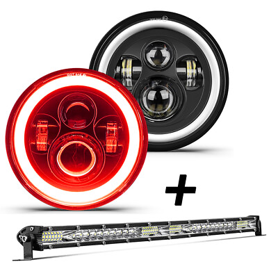 7quot;Red Halo Round LED Headlights 20quot; LED Light Bar Combo For Jeep Wrangler JK CJ $56.99