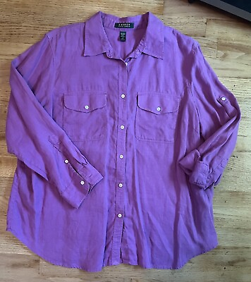 #ad Lauren Ralph Lauren Womens 2X Purple Long Sleeves Button Up Linen Shirt Pockets $27.99