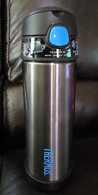 #ad Thermos FUNtainer 16 oz. Bottle Stainless Black w blue $9.99
