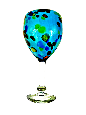 #ad Turquoise Confetti Handblown Stemmed Blue Wine Glass Mexico $14.00