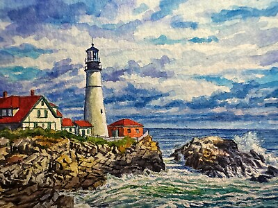 #ad Watercolor Painting Ocean Seascape Lighthouse Nature Art No.256 $37.50