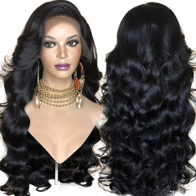 #ad 2022 Synthetic Lace Front Wig Women Black Wavy Wig No Glue Fiber Hair Wigs $49.51