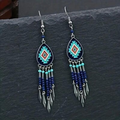 #ad Tassel Stylish Bohemian Earrings Drop Shape Rice Beads Fashion Blue Unique Gift $12.98
