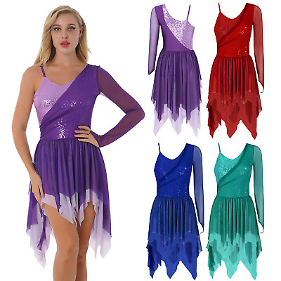 #ad Women Modern Dance Dress Ballet Latin Sequin Dancewear Asymmetrical Hem Costume $28.69