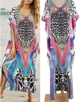 #ad Boho Multicolor Print Swimsuit Body Wrap Kaftan Sarong Kimono Beachwear Dress $12.99