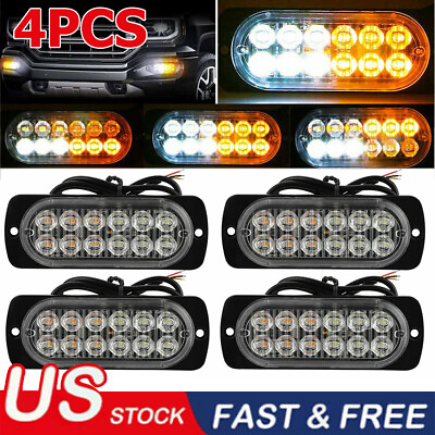 #ad 4X 12 LED Car Truck New Beacon Warning Flash Strobe Light Bar Amber White $32.99