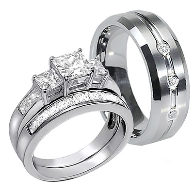 #ad His Tungsten Hers 3 Piece Sterling Silver Princess Cut CZ Wedding Ring Band Set $45.99