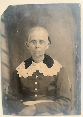 #ad Antique Tintype Photo Stern Mean Old Woman Glasses Prim Gray Hair 2 1 2 x 3 1 4 $14.99