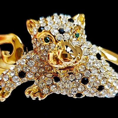 #ad Clear amp; Black Crystal Rhinestone Golden Leapard Golden Bangle AU $29.95