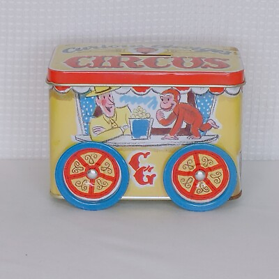 #ad Vintage Curious George Tin Coin Bank With Wheels Schylling 1995 $17.99