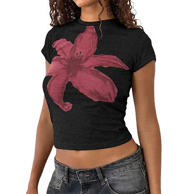 #ad y2k Crop Top 2000s Women Baby Tee Floral Print Round Neck Short Sleeve T Shirt $15.90