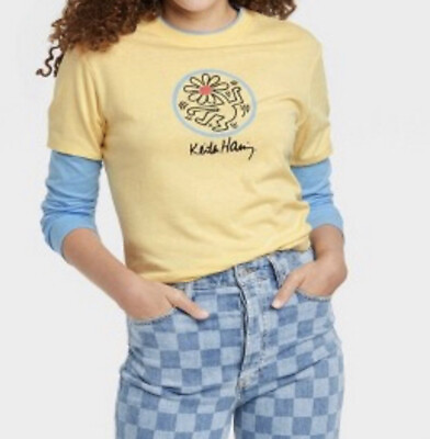 #ad Keith Haring Womens Flower Tee Long Sleeve Skater Shirt Size Small Yellow Blue $12.34