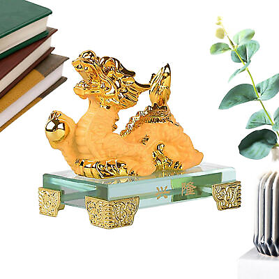 #ad Chinese Dragon Statue Desktop Golden Resin Feng Shui Dragon Decor Sculpture $24.74