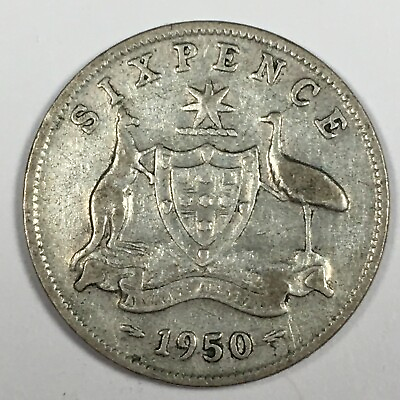 #ad 1950 Australia Sixpence 6 Pence Fine F KM#45 50% Silver 5455 $5.84