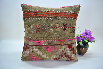 #ad Unique Turkish Handmade Square Pillow Cover 16x16in Antique Pink Kilim Pillow $35.00