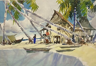 #ad Yong Mun Sen 1896 1962 Original Watercolor Beach scene 1947 One of his BEST RARE $4500.00