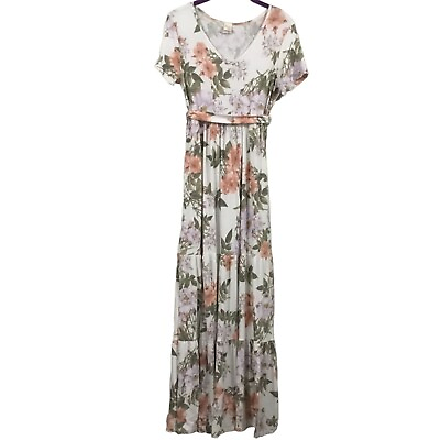 #ad Cottagecore Floral Ruffle Layered Short Sleeve V Neck USA Made Dress 7th Roy Med $24.77