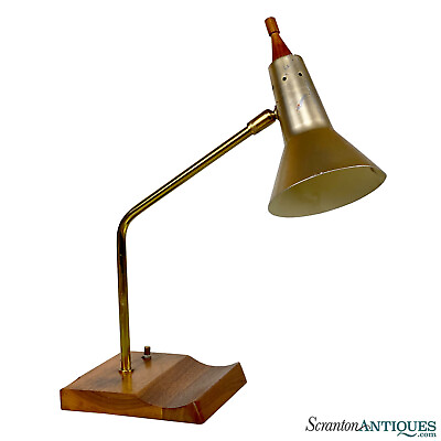 #ad Mid Century Modern Walnut amp; Brushed Gold Desk Lamp $260.00