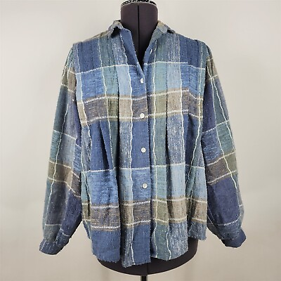 #ad Vintage AC Sport Blue Plaid Button Up Jacket Linen Blend Womens Size 10 $32.95
