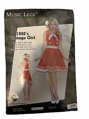 #ad 1950’s Vintage Girl Halloween Costume Adult Size M L 2 Pc NWT Red amp; White $9.95