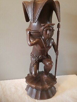 #ad Vintage Carved Native Warrior Carrying Urn Candle Holder Trinket Bowl $86.00