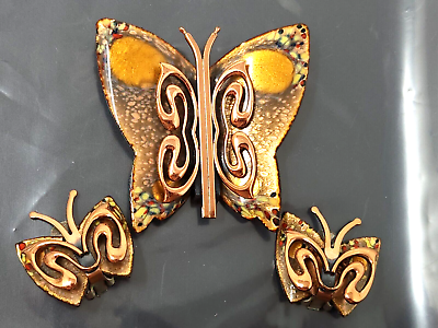 #ad Vtg Matisse Renoir Modernist Solid Copper Butterfly Enamel Set Brooch Earrings $155.00