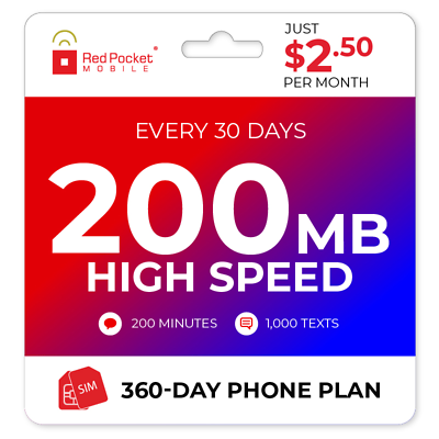 $2.50 Mo Red Pocket Prepaid Plan: 200 Talk 1000 Text 200MB $30.00