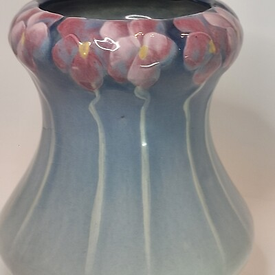 #ad Antique Weller Etna Art Pottery Flower Vase Pink Flowers Curvilinear Lines $350.00
