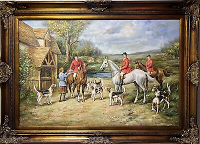 #ad S.Bruno original Large oil painting on canvas English Hunting scene Gold Frame $1100.00