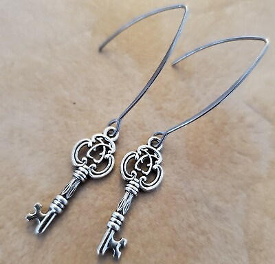 #ad SALE Skeleton KEY Earrings Pewter Charm Stainless Steel V Shaped Ear wires $6.99