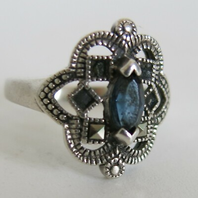 #ad Sterling Silver Ring Blue CZ amp; Marcasite 2.7g Size 7 6075 $39.95