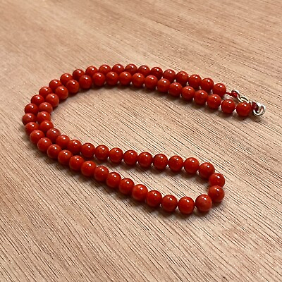 #ad 6mm Red Coral Stone Beads 16 Inch Coral Silver Necklace Undyed Bamboo Coral $75.99