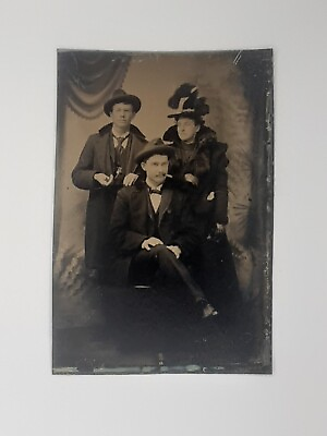 #ad Tintype Black and White Photograph 2 White Men and Woman Fancy Dress 1860s Rare $60.00