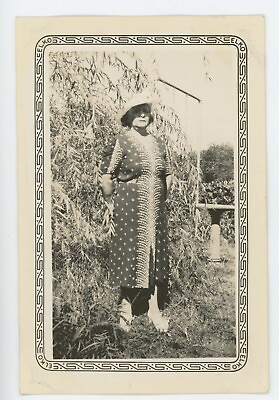 #ad Vintage Snapshot Photo Stern Lady Backyard Oasis Pretty Dress Nebraska City 1939 $9.99