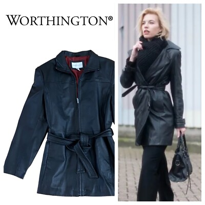 #ad Worthington Large 12 14 Jacket Coat 100% LEATHER Black Belted Zip CHIC #1 $59.39