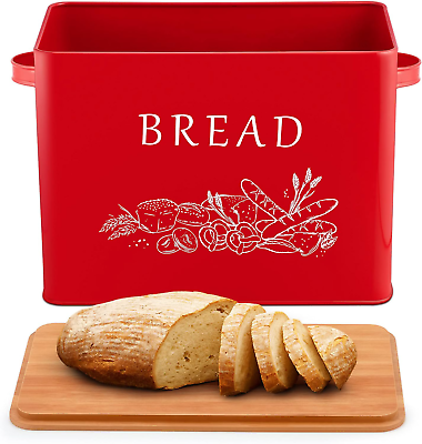 #ad Red Bread Box With Bamboo Lid For Kitchen Countertop Large Farmhouse Metal Bread $37.30