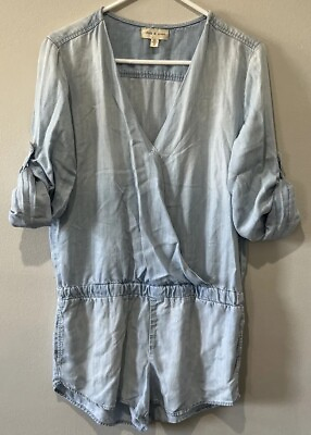 #ad Anthropologie Cloth amp; Stone Roll Tab Sleeve Faux Wrap Chambray Romper Size M $26.55