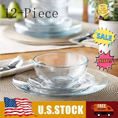 #ad Home Set Mainstays 12 Pieces round Clear Glass Dinnerware Set $23.27