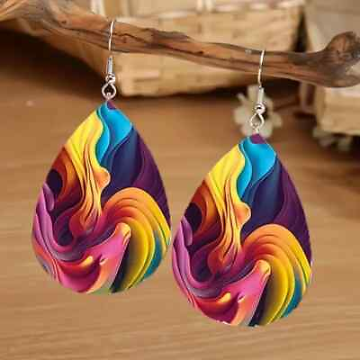 #ad Fashion Wooden Teardrop Dangle Drop Earrings Elegant Boho Colorful Print $9.95