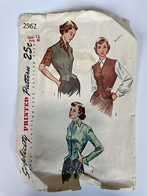 #ad RARE 1949 Vintage Simplicity Designer#x27;s Pattern #2962 Sz12 $15.00