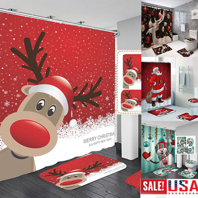 #ad Christmas Shower Curtain Santa Snowman Elk Bathroom Toilet Cover Mat Rug Shower $28.83