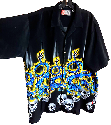 #ad Pineapple Connection Mens Dragon Skulls Hawaiian Shirt Large Black Yellow Blue $34.99