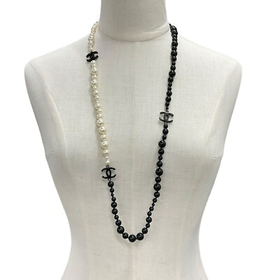 #ad CHANEL Necklace AUTH Coco CC Chain Rare Pendant Logo Fake Pearl Black White used $1218.00