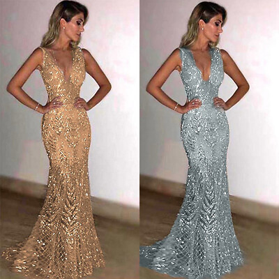 #ad Maxi Dress Ball Sparkly Bling Gown Prom Party Sequins Evening V Neck Long Womens $28.80