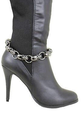 #ad Women Gunmetal Metal Chain Boot Bracelet Shoe Skull Charm Dark Color Pirate Band $16.99