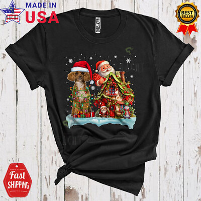 #ad Santa Poodle With Santa Gnome Christmas House Snow Lights Dog T Shirt $17.50