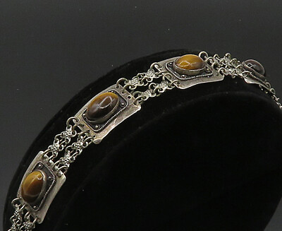 #ad ISRAEL 925 Silver Vintage Cabochon Cut Tiger#x27;s Eye Chain Bracelet BT8225 $95.90