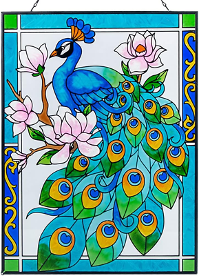 #ad Peacock Stained Glass Window Hanging 11quot; W X 15quot; H Stained Glass Panel with Cha $113.91
